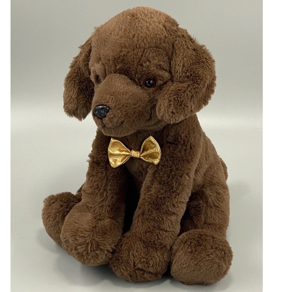 FAO Schwarz Brown Puppy Dog Plush Stuffed Animal Gold Bow Tie 2021 12"